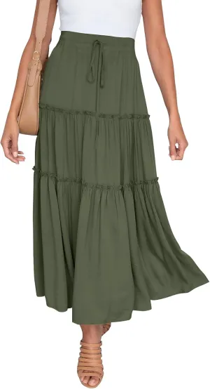 HAEOF Womens Summer Flowy Boho Midi Maxi Skirt Elastic High Waist A Line Pleated Tiered Trendy Beach Long Skirts with Pockets