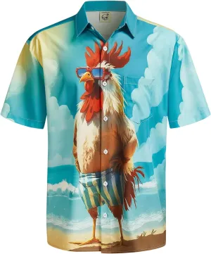 Hardaddy Men's Gongfu Rooster Chest Pocket Printed Short Sleeve Button Down Summer Casual Shirt