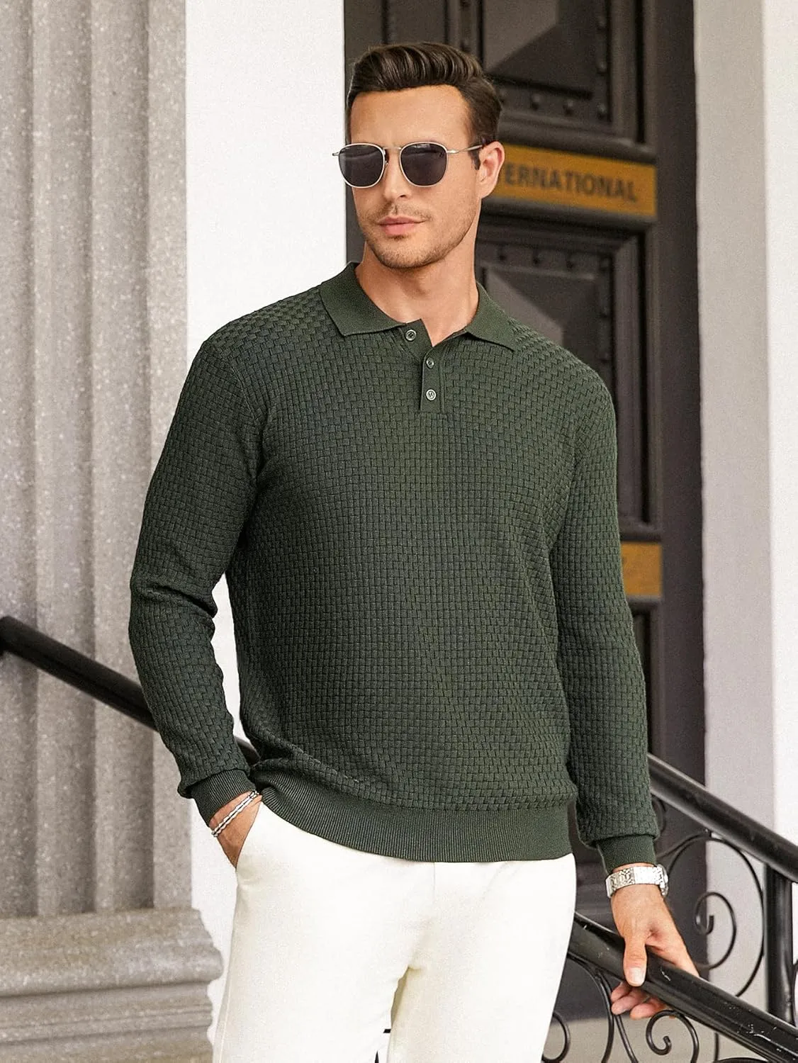 Hardaddy Men's Knit Polo Shirts Long Sleeve Button Up Pullover Sweater Textured Casual Collared Tops