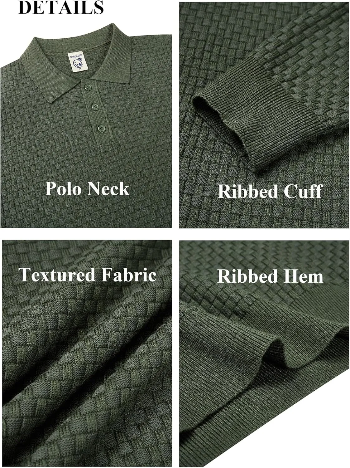 Hardaddy Men's Knit Polo Shirts Long Sleeve Button Up Pullover Sweater Textured Casual Collared Tops