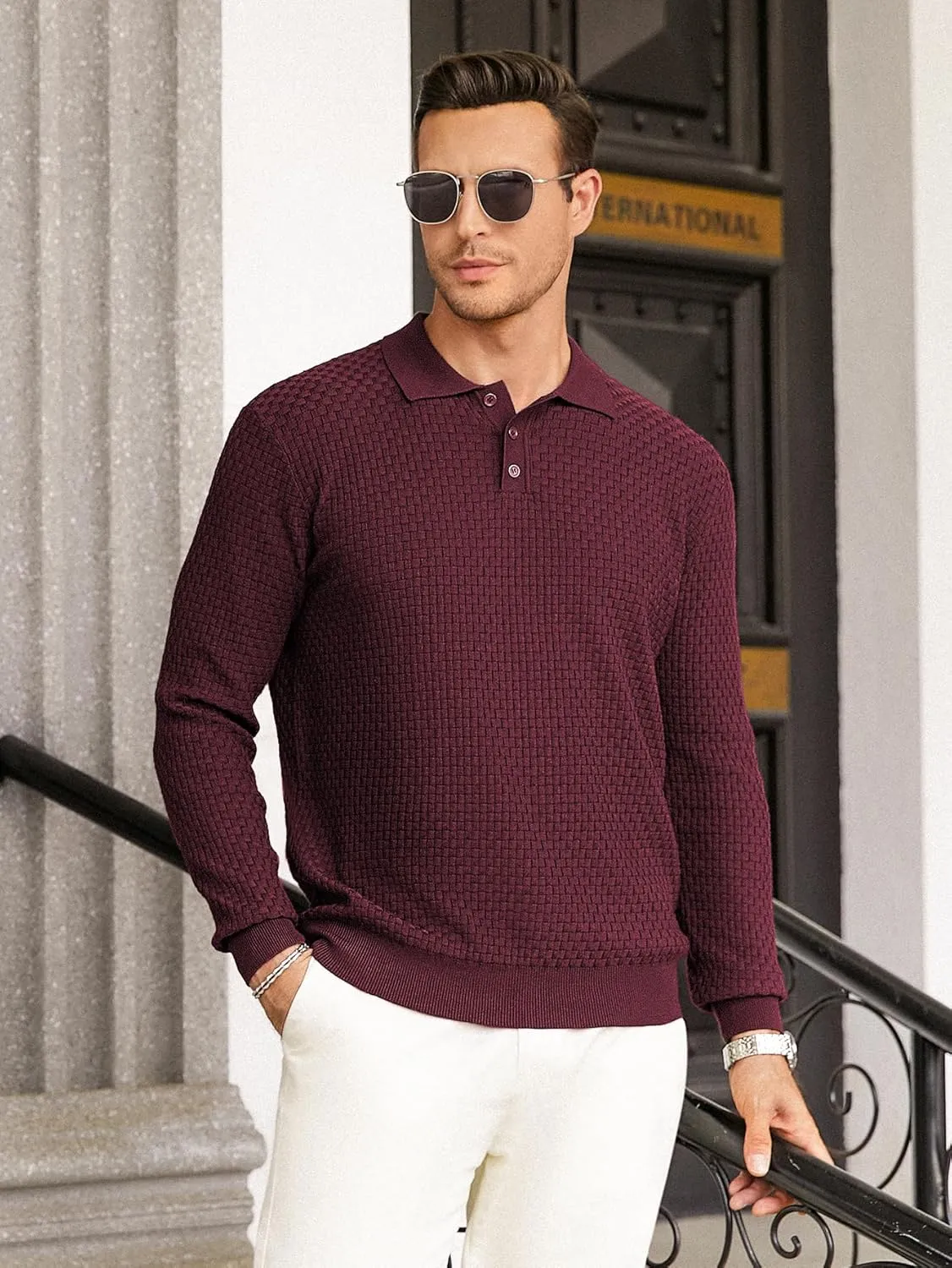 Hardaddy Men's Knit Polo Shirts Long Sleeve Button Up Pullover Sweater Textured Casual Collared Tops
