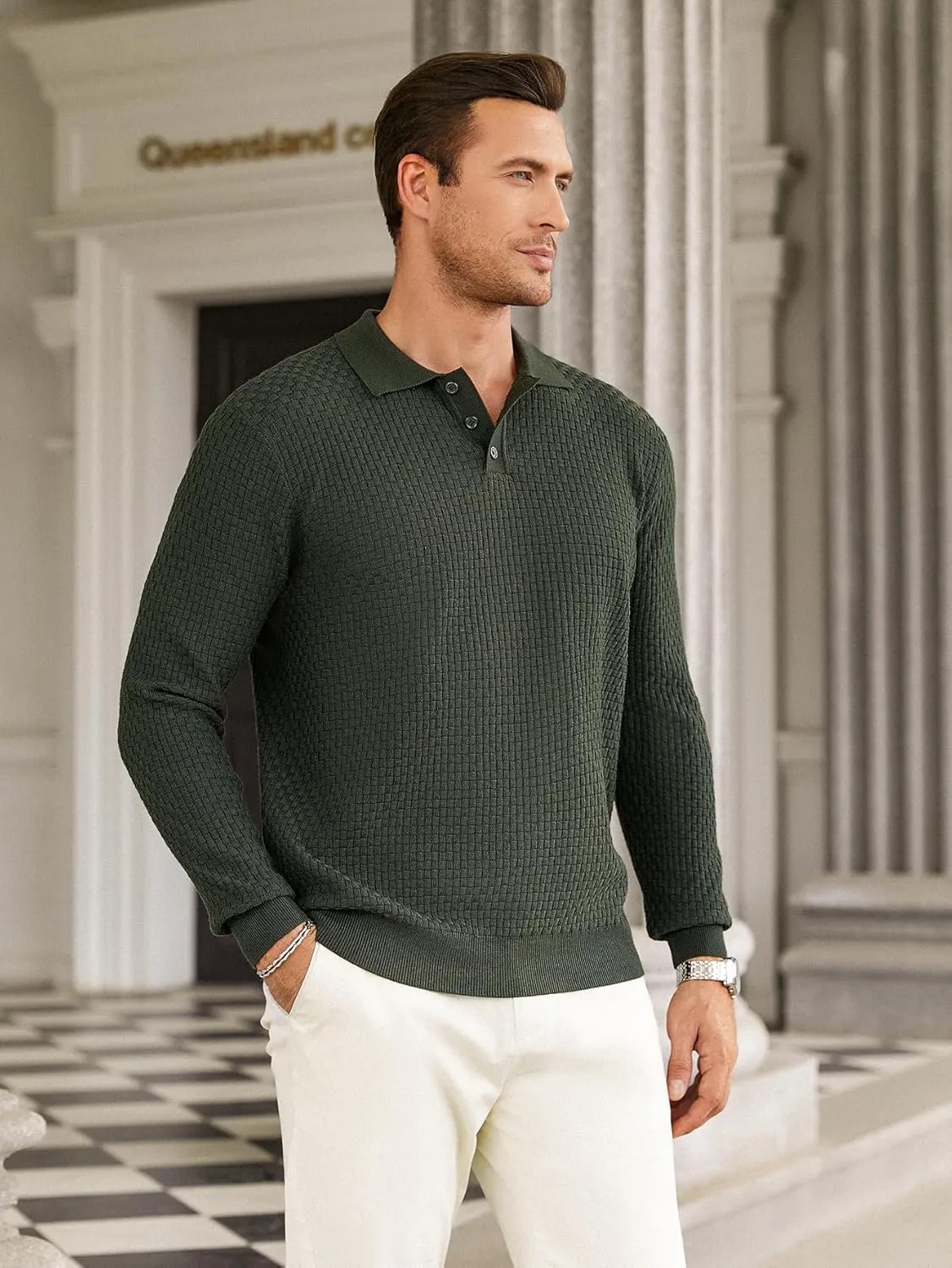Hardaddy Men's Knit Polo Shirts Long Sleeve Button Up Pullover Sweater Textured Casual Collared Tops