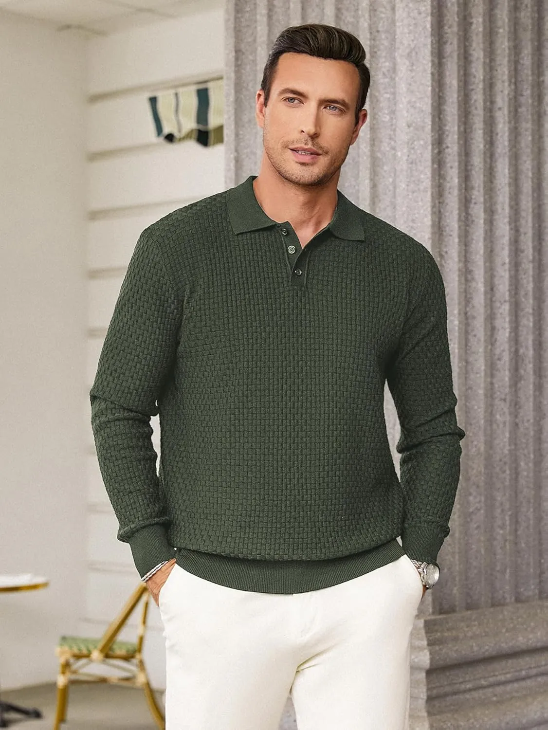 Hardaddy Men's Knit Polo Shirts Long Sleeve Button Up Pullover Sweater Textured Casual Collared Tops