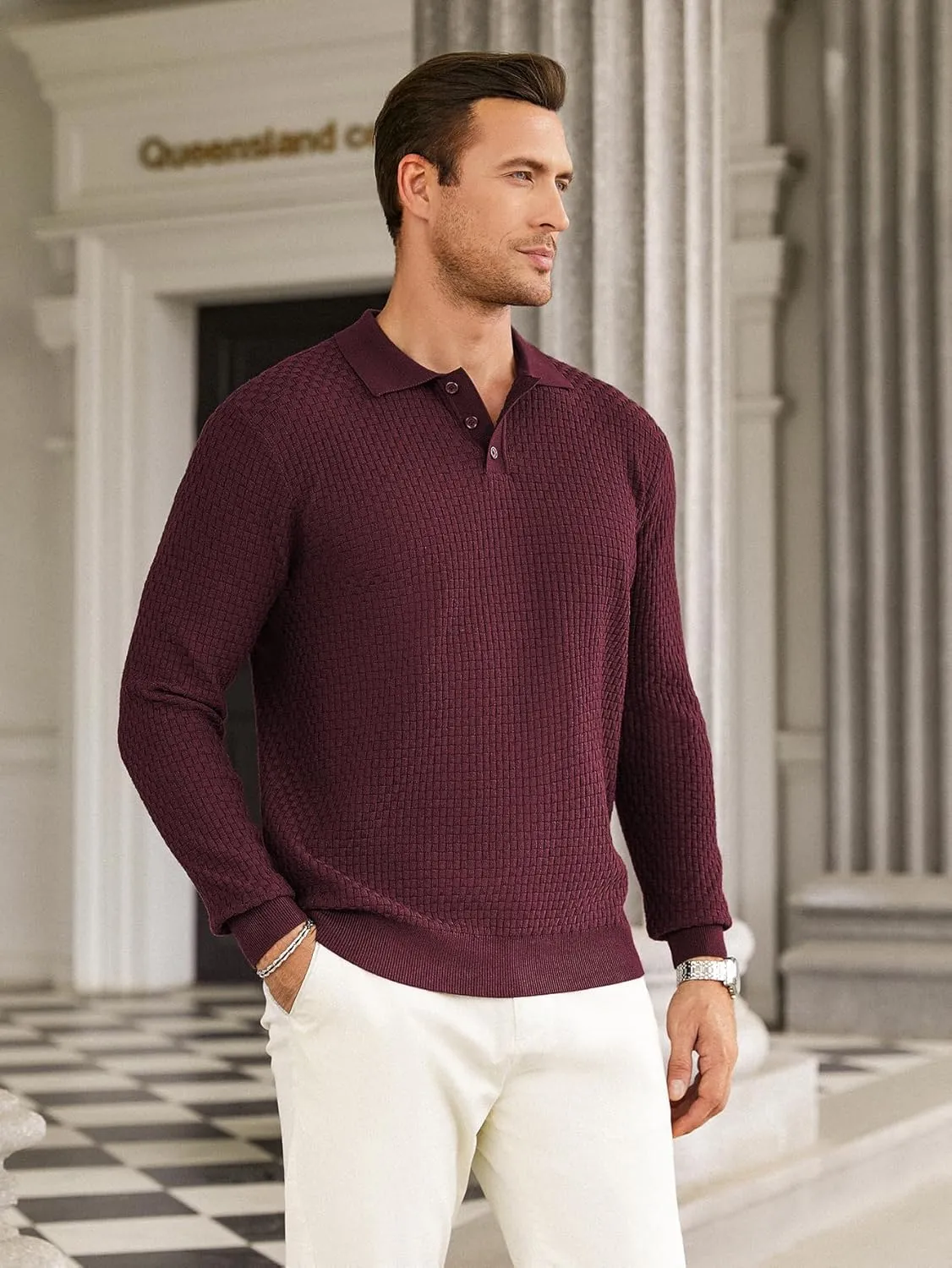 Hardaddy Men's Knit Polo Shirts Long Sleeve Button Up Pullover Sweater Textured Casual Collared Tops