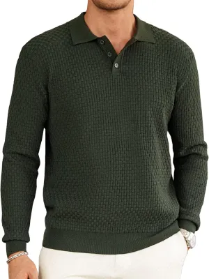 Hardaddy Men's Knit Polo Shirts Long Sleeve Button Up Pullover Sweater Textured Casual Collared Tops