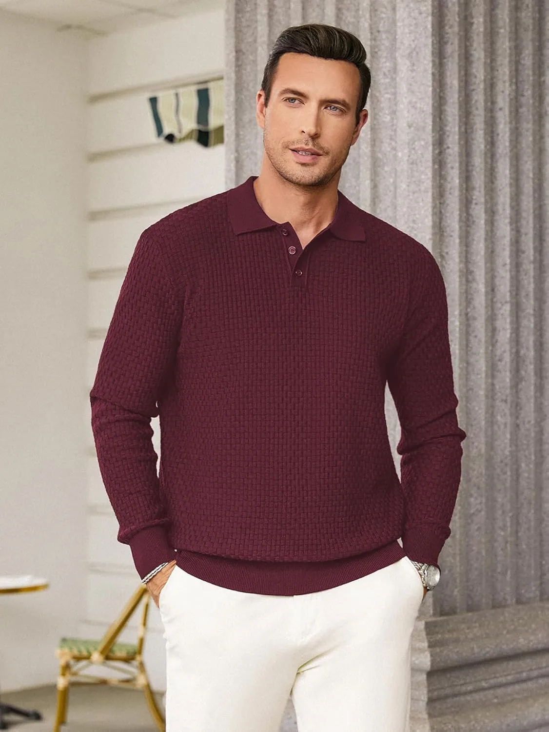Hardaddy Men's Knit Polo Shirts Long Sleeve Button Up Pullover Sweater Textured Casual Collared Tops