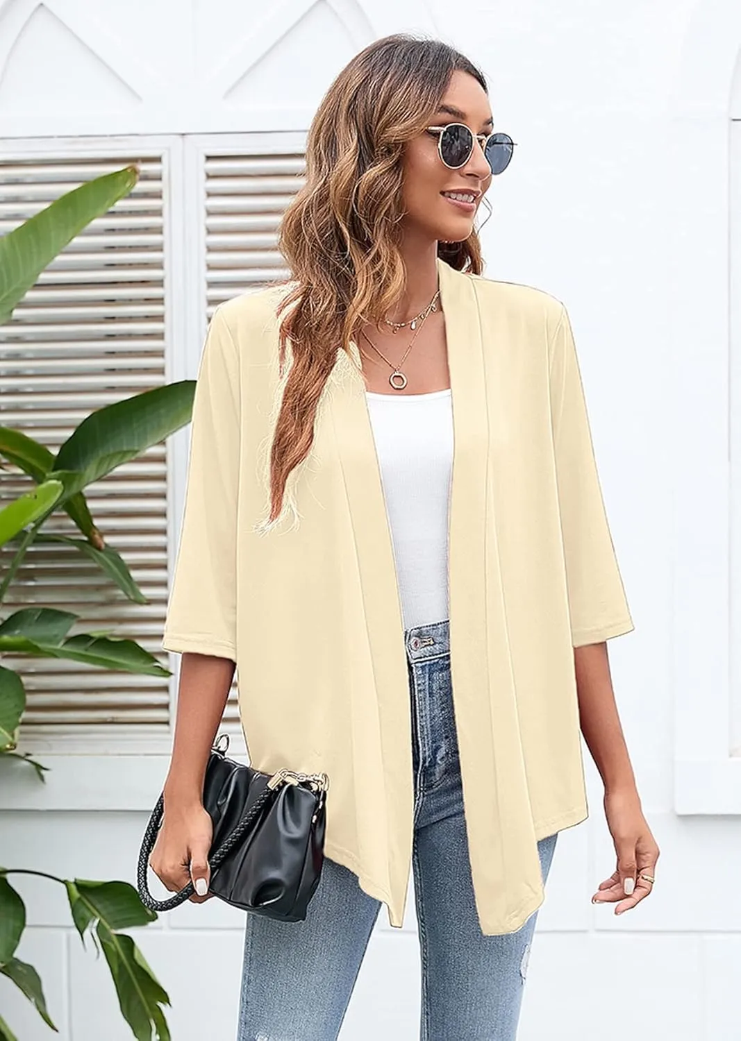 Heymoments Women's Lightweight Open Front Cardigans 3/4 Sleeve Casual Soft Drape Fall Cardigan S-2XL