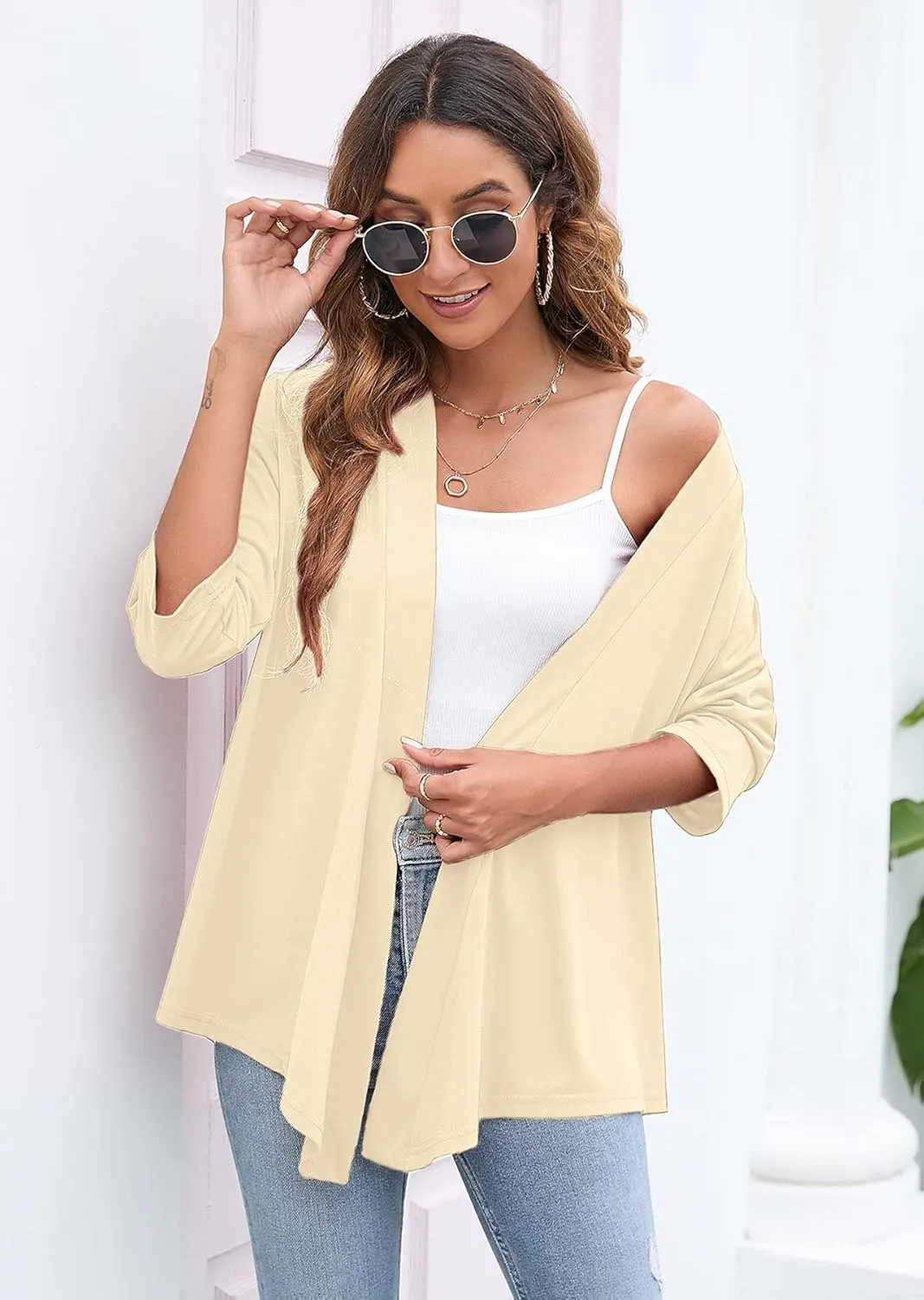 Heymoments Women's Lightweight Open Front Cardigans 3/4 Sleeve Casual Soft Drape Fall Cardigan S-2XL