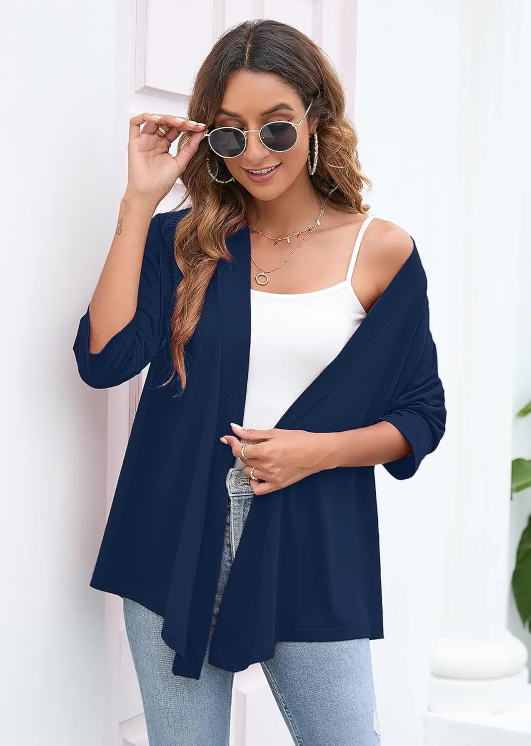 Heymoments Women's Lightweight Open Front Cardigans 3/4 Sleeve Casual Soft Drape Fall Cardigan S-2XL
