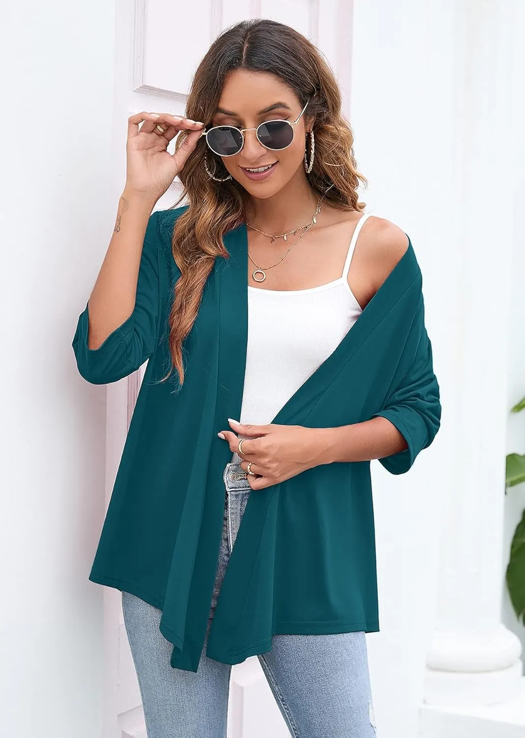 Heymoments Women's Lightweight Open Front Cardigans 3/4 Sleeve Casual Soft Drape Fall Cardigan S-2XL