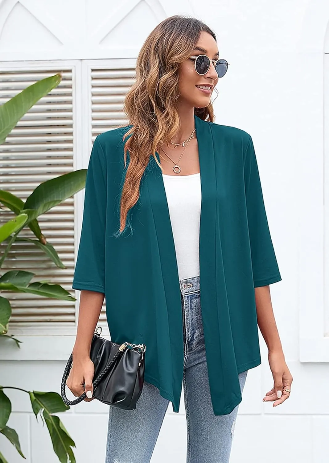 Heymoments Women's Lightweight Open Front Cardigans 3/4 Sleeve Casual Soft Drape Fall Cardigan S-2XL