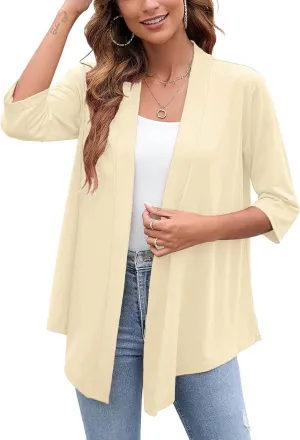 Heymoments Women's Lightweight Open Front Cardigans 3/4 Sleeve Casual Soft Drape Fall Cardigan S-2XL