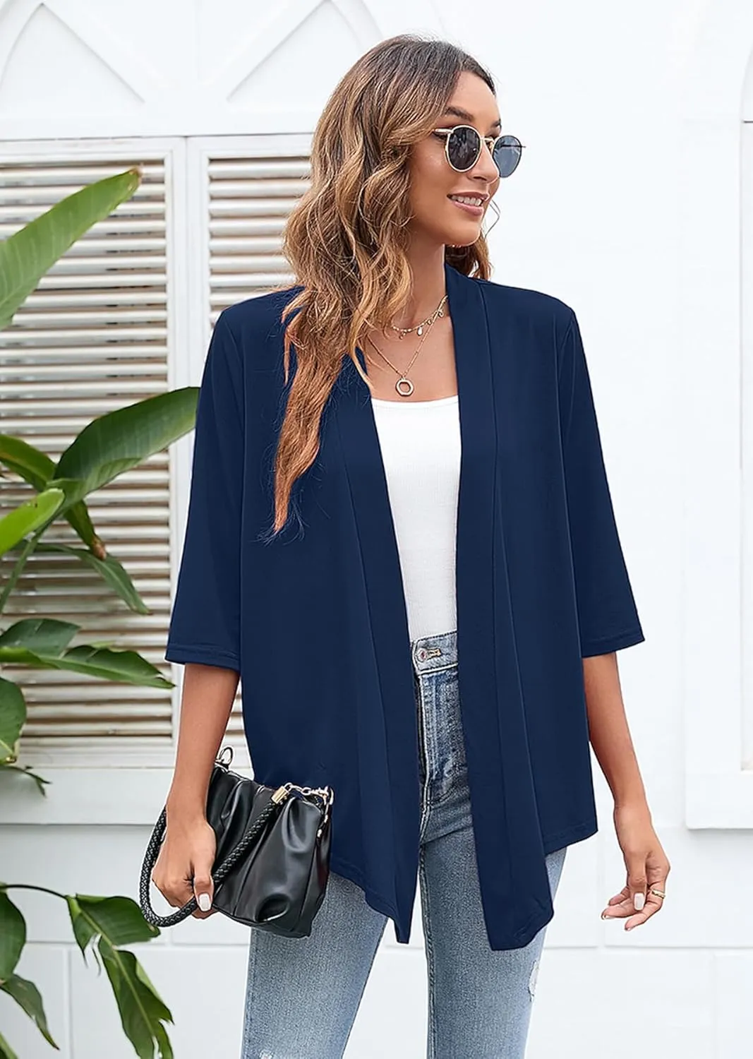 Heymoments Women's Lightweight Open Front Cardigans 3/4 Sleeve Casual Soft Drape Fall Cardigan S-2XL