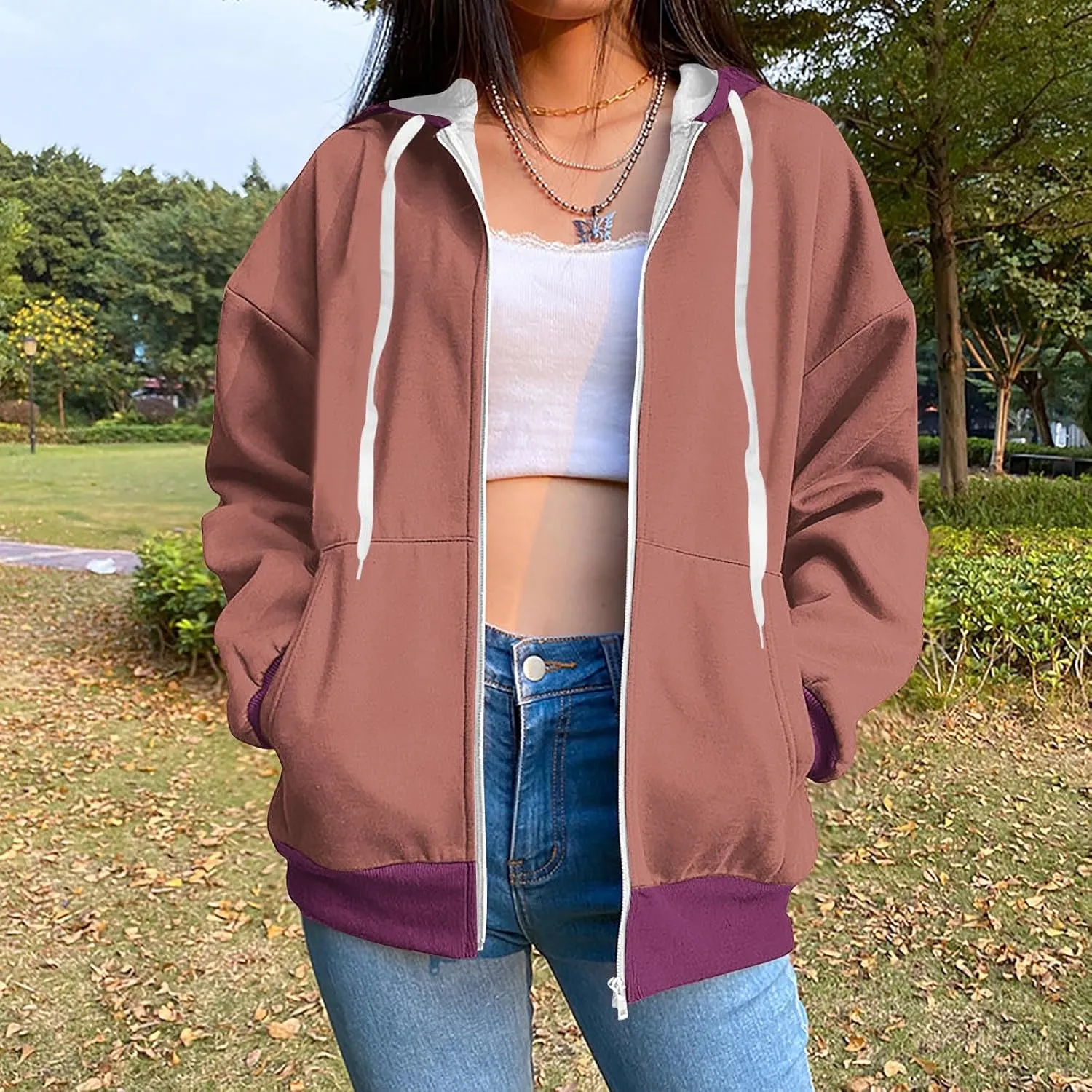 HGps8w Women's Colorblock Casual Drawstring Zip Up Hoodie Sweatshirt Loose Long Sleeve Hooded Jackets Outwear with Pockets