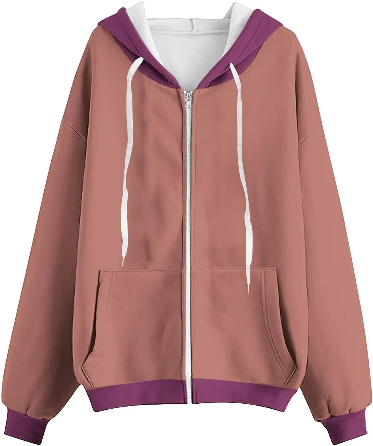 HGps8w Women's Colorblock Casual Drawstring Zip Up Hoodie Sweatshirt Loose Long Sleeve Hooded Jackets Outwear with Pockets