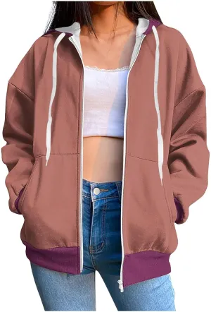 HGps8w Women's Colorblock Casual Drawstring Zip Up Hoodie Sweatshirt Loose Long Sleeve Hooded Jackets Outwear with Pockets