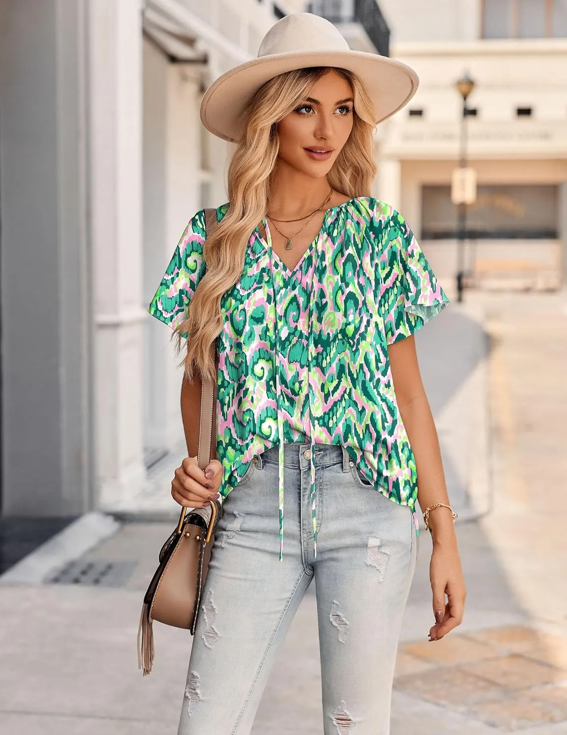 HOTOUCH Women's Casual Short Sleeve Shirts Summer Printed V Neck Blouses Drawstring Ruffled Boho T Shirt Flowy Tunic