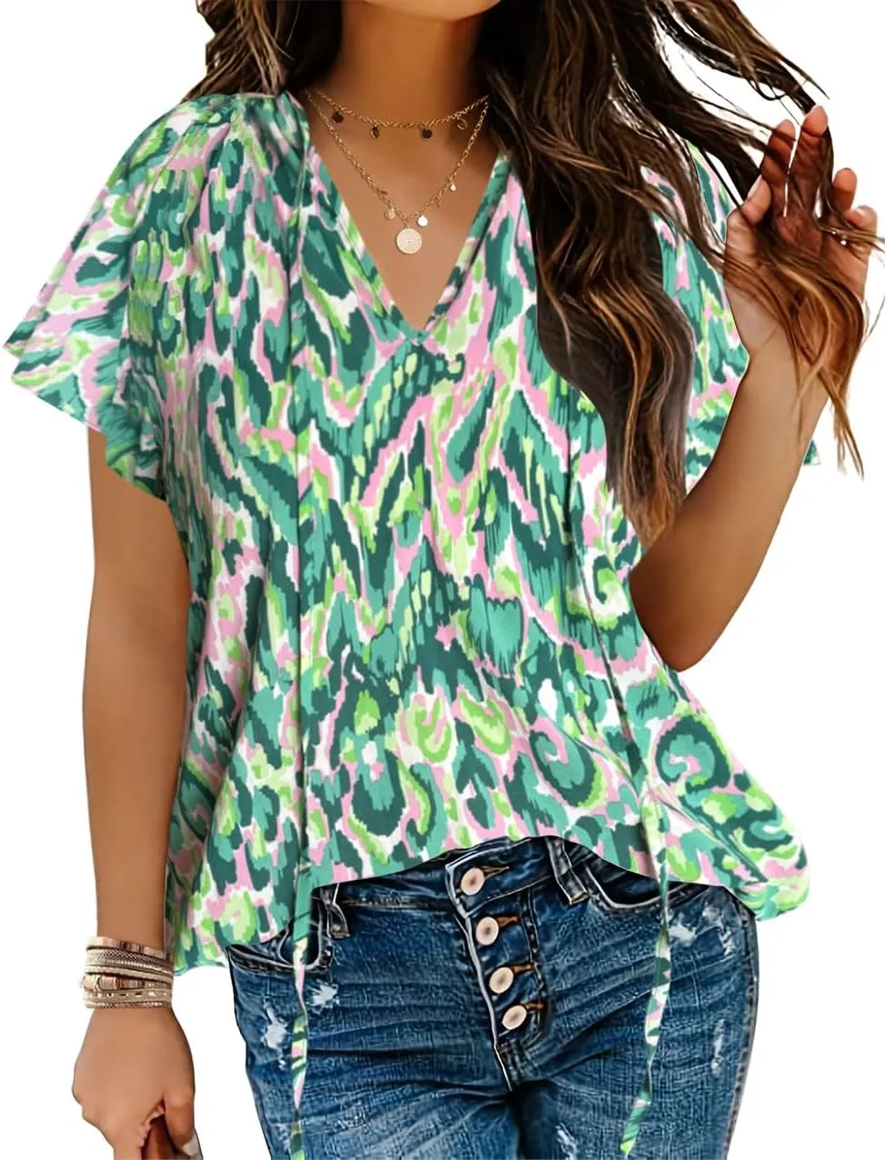 HOTOUCH Women's Casual Short Sleeve Shirts Summer Printed V Neck Blouses Drawstring Ruffled Boho T Shirt Flowy Tunic