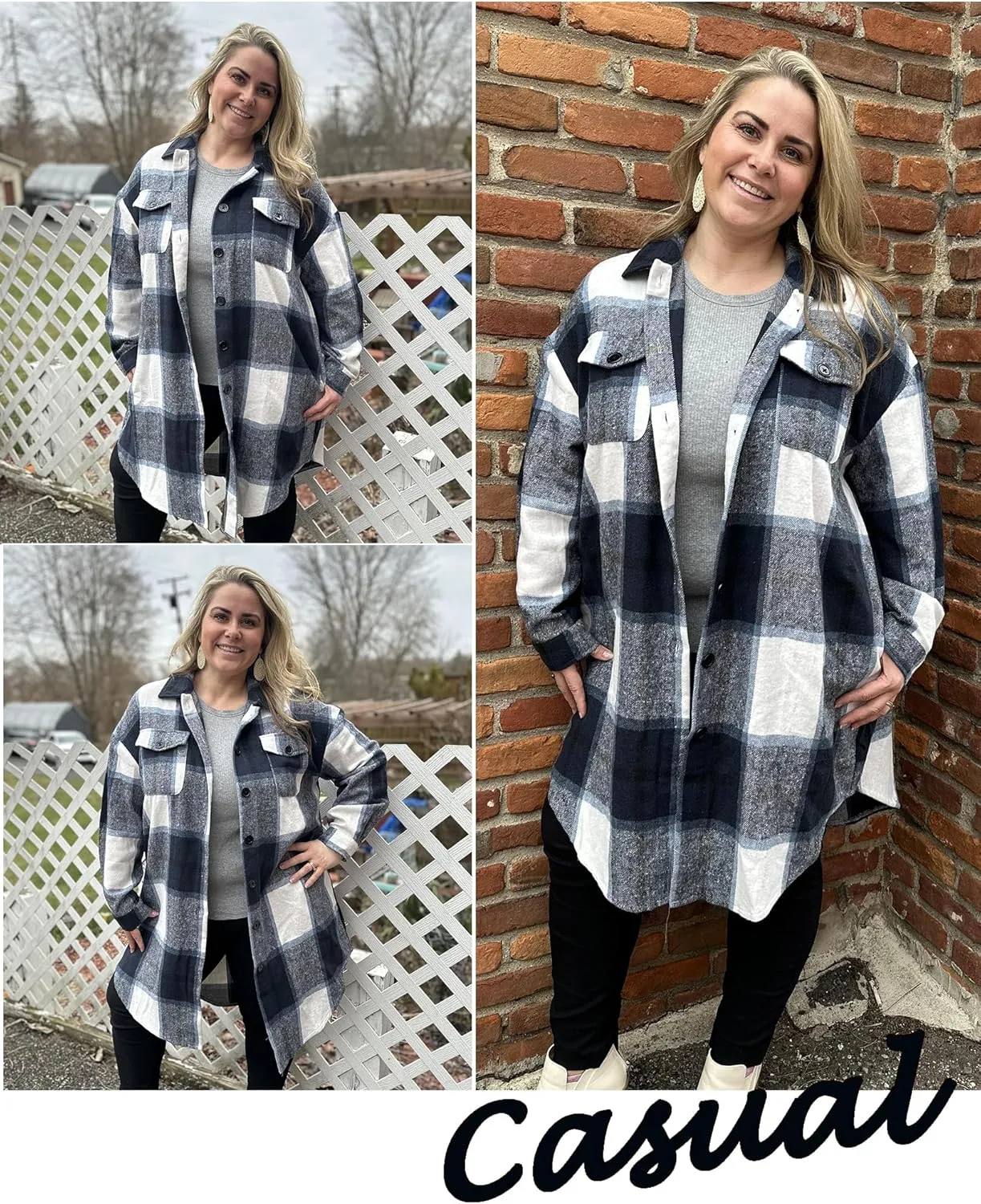 IN'VOLAND Womens Plus Size Flannel Plaid Shirts Long Sleeve Lounge Lapel Boyfriend Button Down Tartan Long Jacket Coats