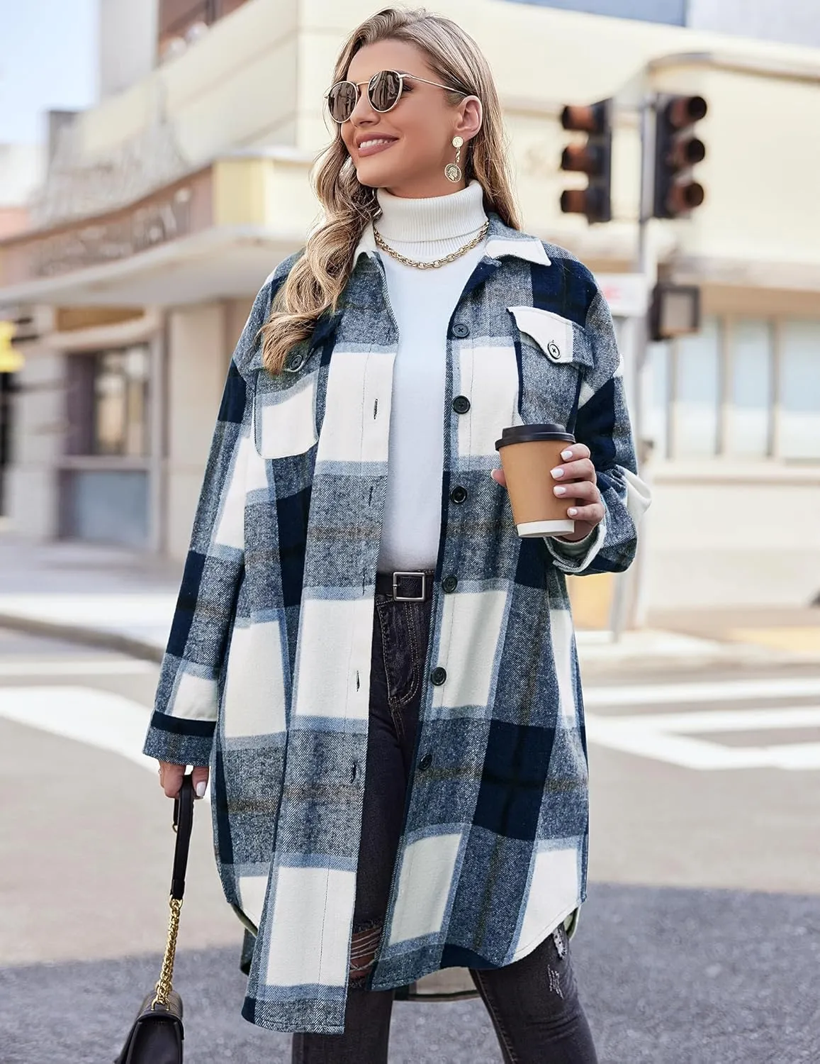 IN'VOLAND Womens Plus Size Flannel Plaid Shirts Long Sleeve Lounge Lapel Boyfriend Button Down Tartan Long Jacket Coats