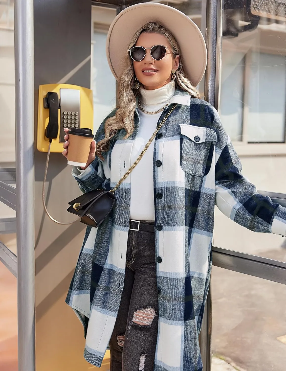 IN'VOLAND Womens Plus Size Flannel Plaid Shirts Long Sleeve Lounge Lapel Boyfriend Button Down Tartan Long Jacket Coats