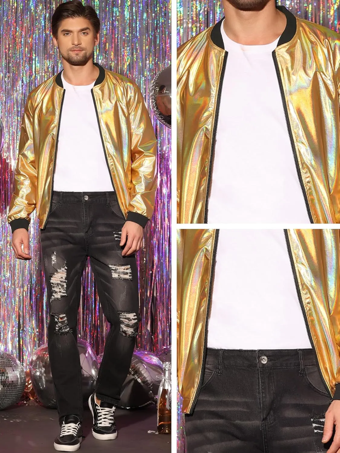 Lars Amadeus Holographic Baseball Jacket for Men's Zipper Disco Bomber Metallic Jacket