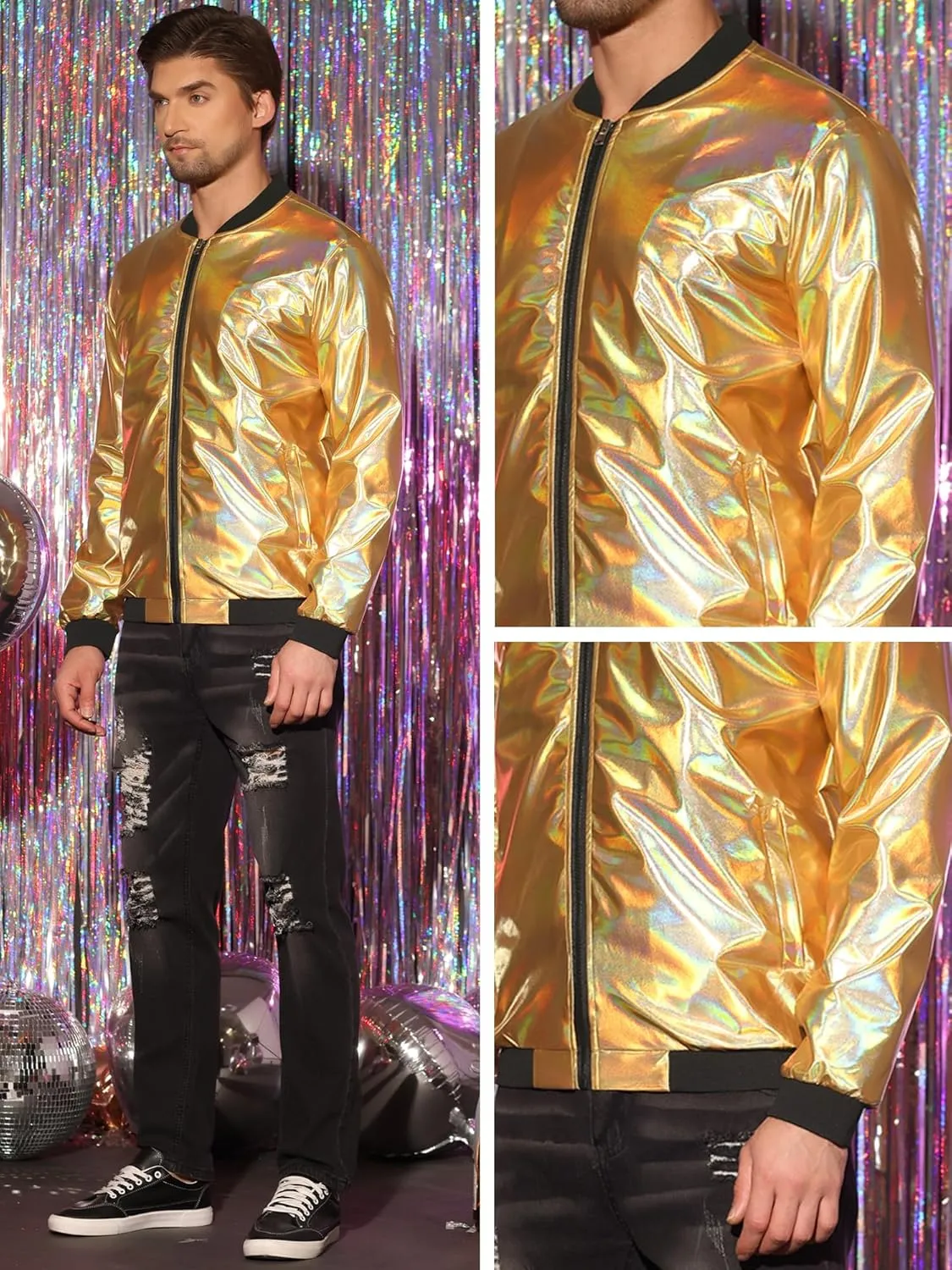 Lars Amadeus Holographic Baseball Jacket for Men's Zipper Disco Bomber Metallic Jacket