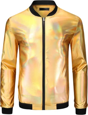 Lars Amadeus Holographic Baseball Jacket for Men's Zipper Disco Bomber Metallic Jacket