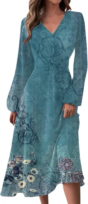 Long Sleeve Midi Dress for Women 2024 Spring V Neck High Waisted T Shirt Dress Casual Flowy A Line Swing Formal Party Dresses