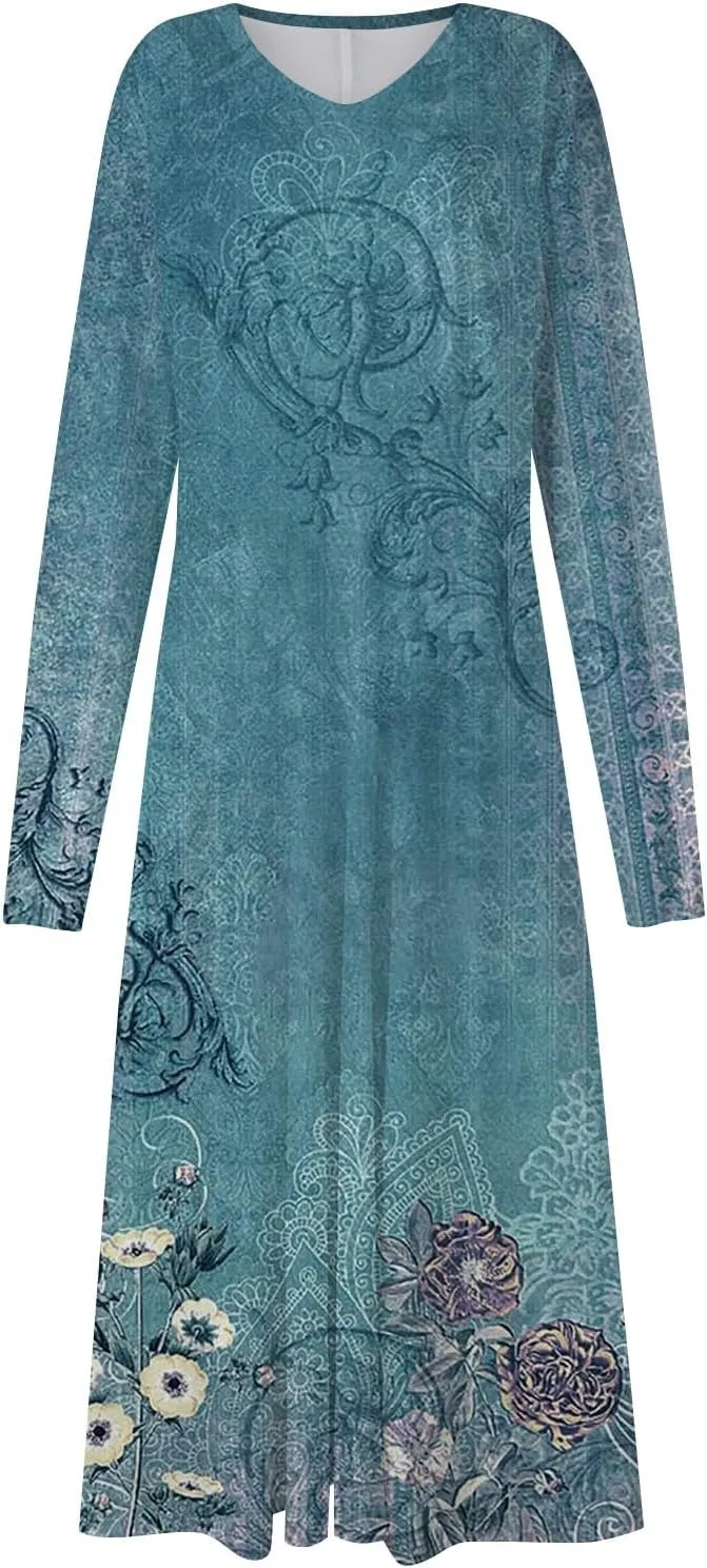Long Sleeve Midi Dress for Women 2024 Spring V Neck High Waisted T Shirt Dress Casual Flowy A Line Swing Formal Party Dresses