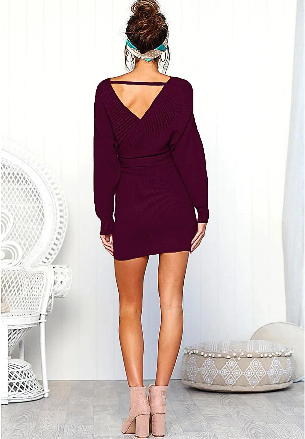Mansy Women's Sexy Cocktail Batwing Long Sleeve Backless Mock Wrap Knit Sweater Mini Dress