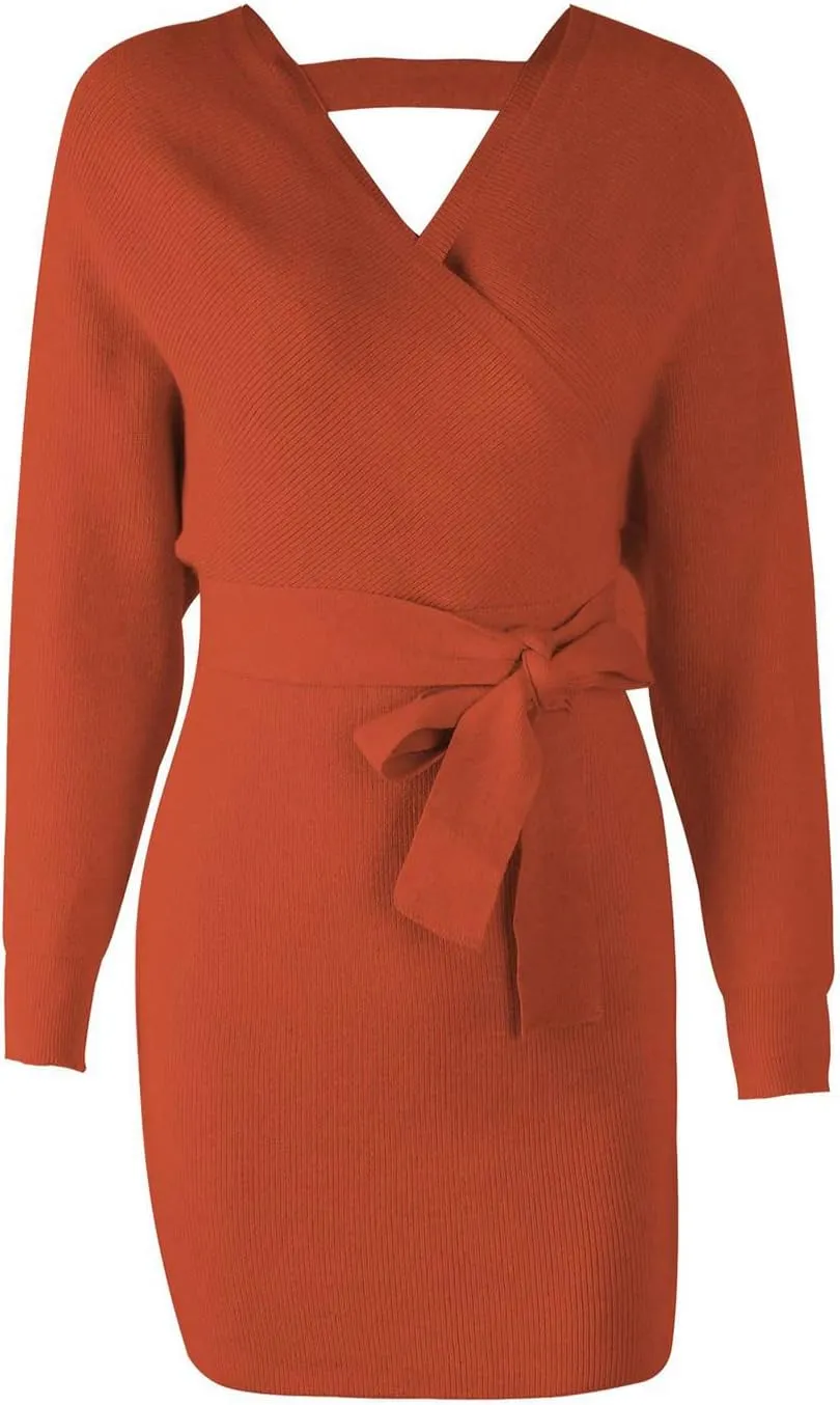 Mansy Women's Sexy Cocktail Batwing Long Sleeve Backless Mock Wrap Knit Sweater Mini Dress