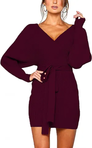Mansy Women's Sexy Cocktail Batwing Long Sleeve Backless Mock Wrap Knit Sweater Mini Dress