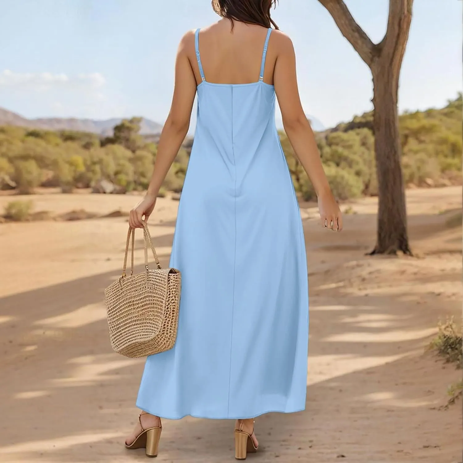 Maxi Dress for Women 2025 Casual Adjustable Spaghetti Strap Summer Long Dresses Flowy Wrap V Neck Beach Vacation Sundress