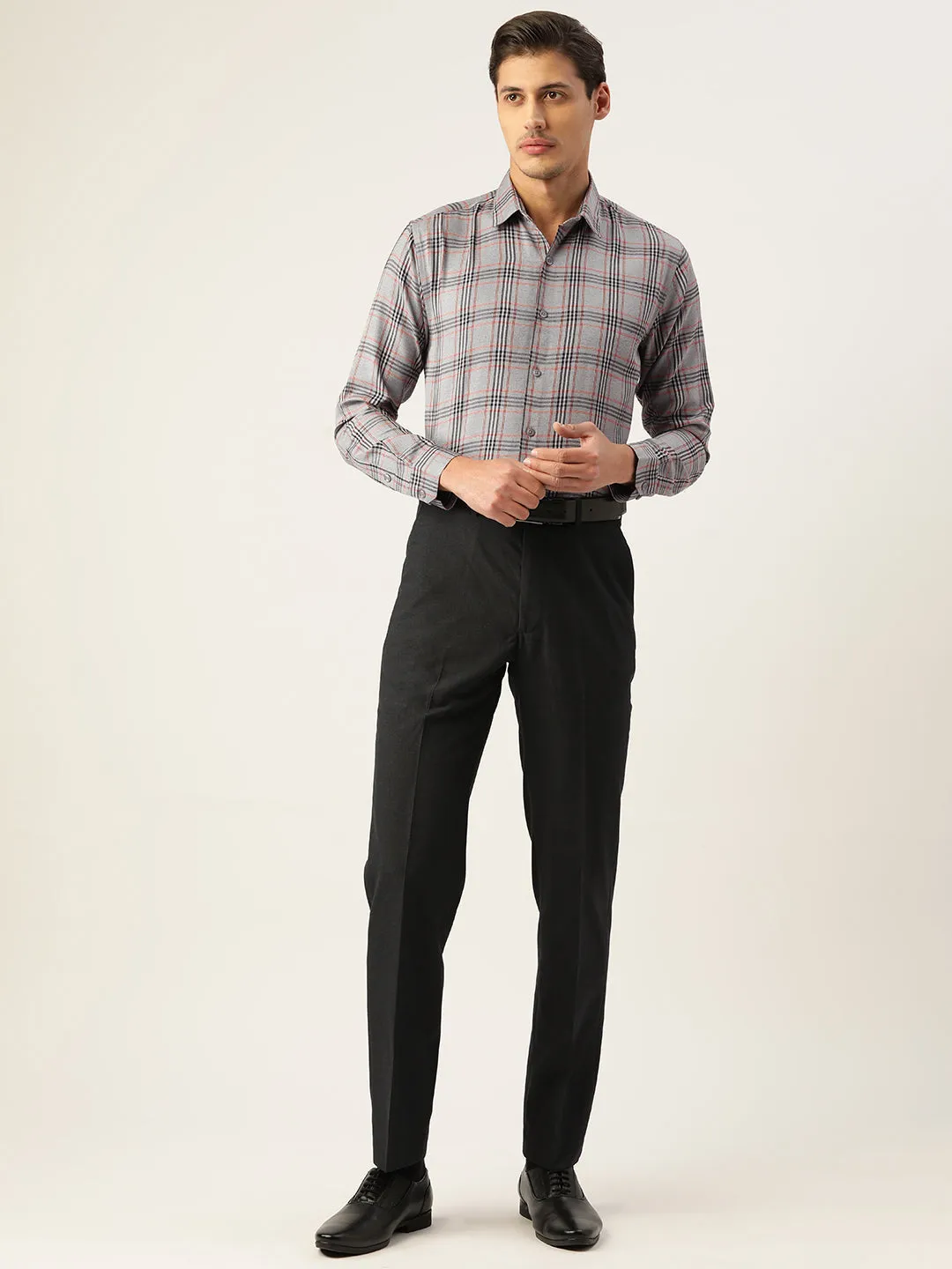 Men's Cotton Checked Formal Shirts ( SF 793Grey ) - Jainish