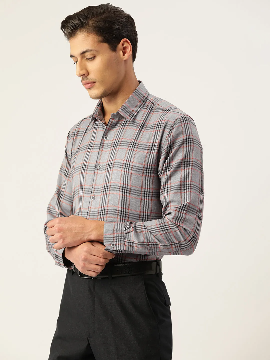 Men's Cotton Checked Formal Shirts ( SF 793Grey ) - Jainish