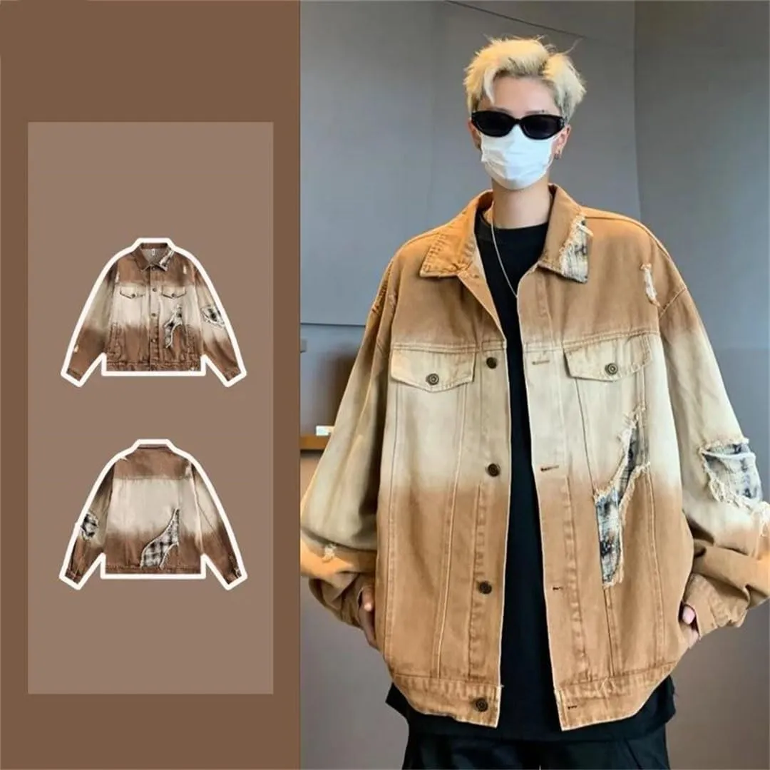 Mens Washed Patchwork Denim Jacket Grid Pattern Color Blocking Harajuku Cowboy Coats Retro Loose Outwear