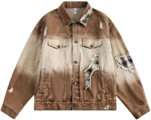 Mens Washed Patchwork Denim Jacket Grid Pattern Color Blocking Harajuku Cowboy Coats Retro Loose Outwear