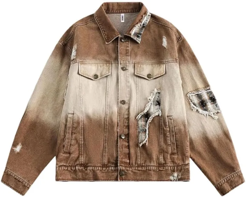 Mens Washed Patchwork Denim Jacket Grid Pattern Color Blocking Harajuku Cowboy Coats Retro Loose Outwear