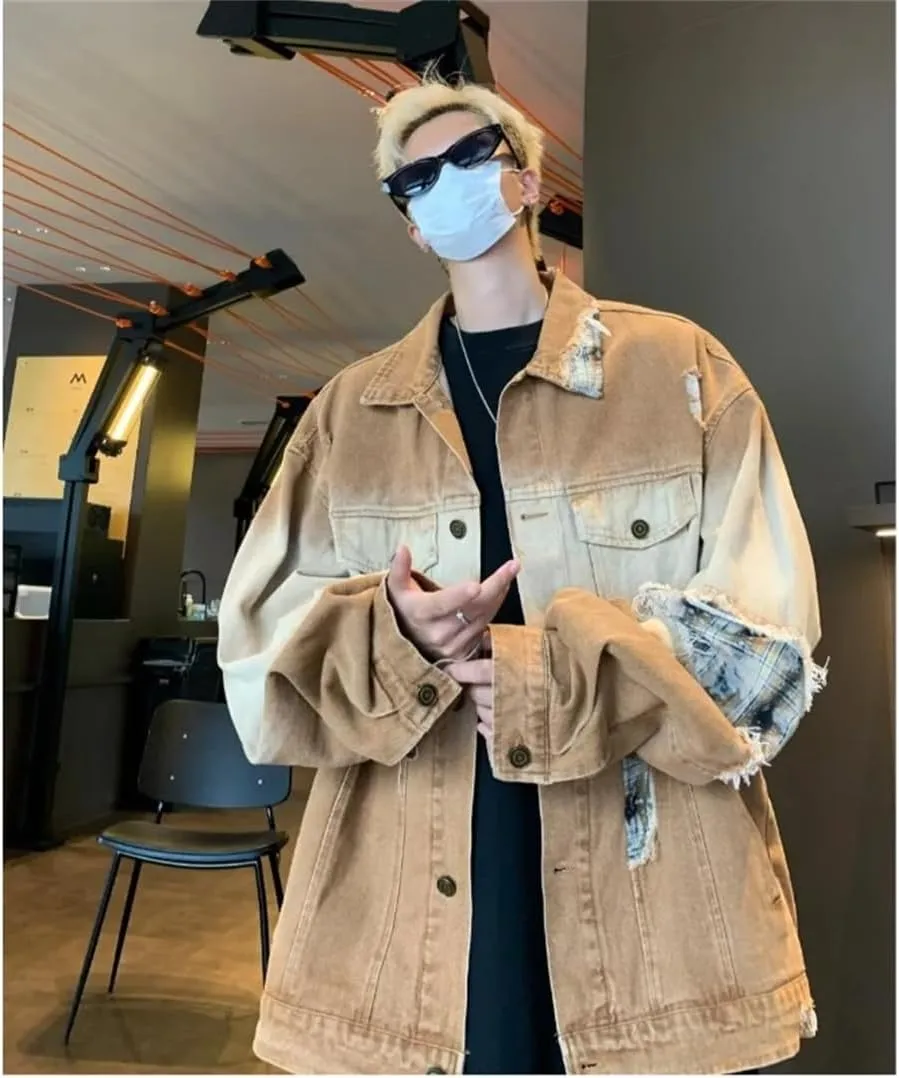Mens Washed Patchwork Denim Jacket Grid Pattern Color Blocking Harajuku Cowboy Coats Retro Loose Outwear