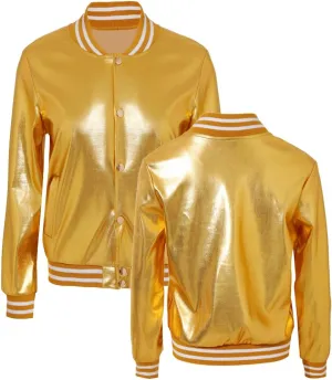 Mowbeat Sequins Varsity Jackets for Girl Gold Holographic Metallic Bomber Jacket For Kid Sparkle Baseball Coat