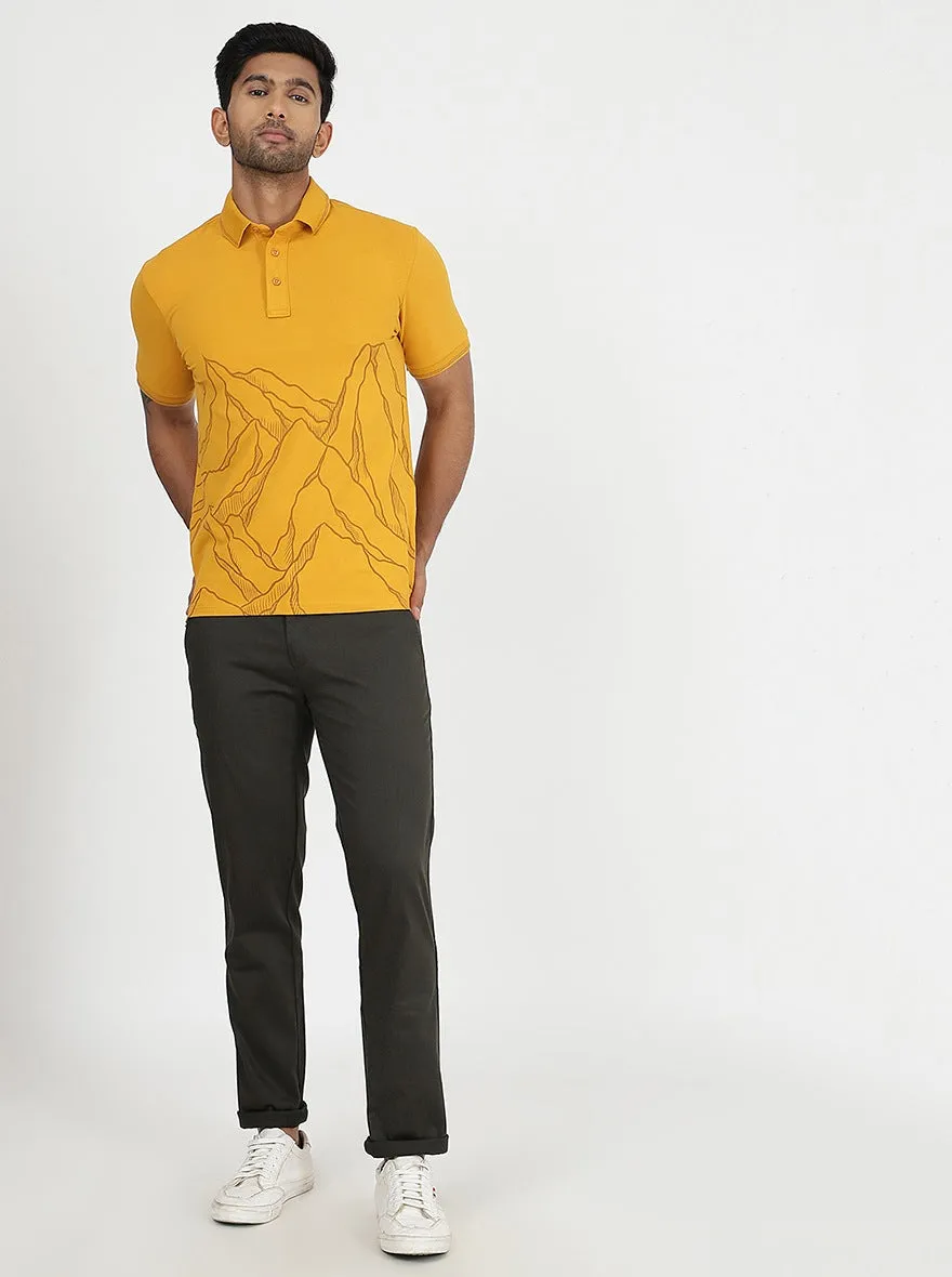 Mustard Yellow Printed Slim Fit Polo T-Shirt | JadeBlue
