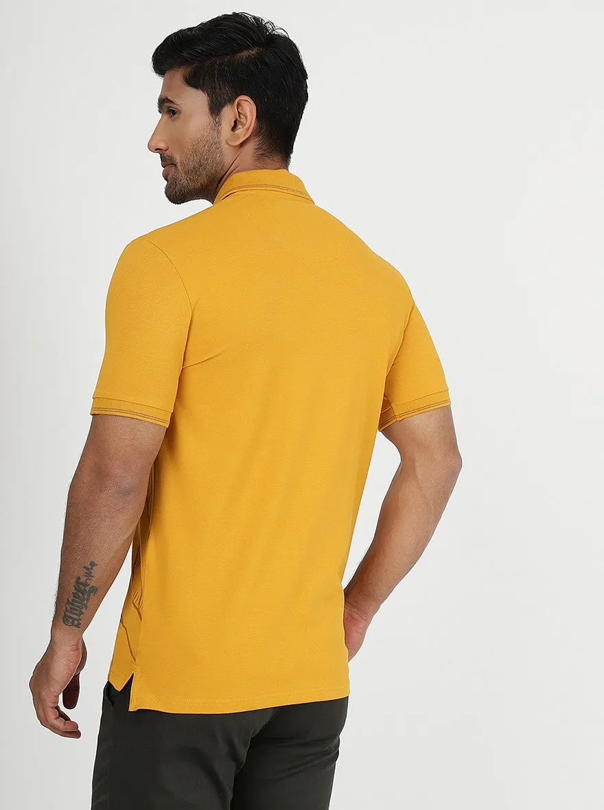Mustard Yellow Printed Slim Fit Polo T-Shirt | JadeBlue