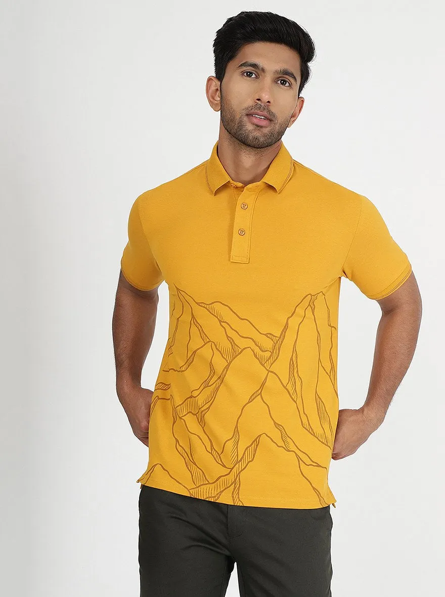 Mustard Yellow Printed Slim Fit Polo T-Shirt | JadeBlue