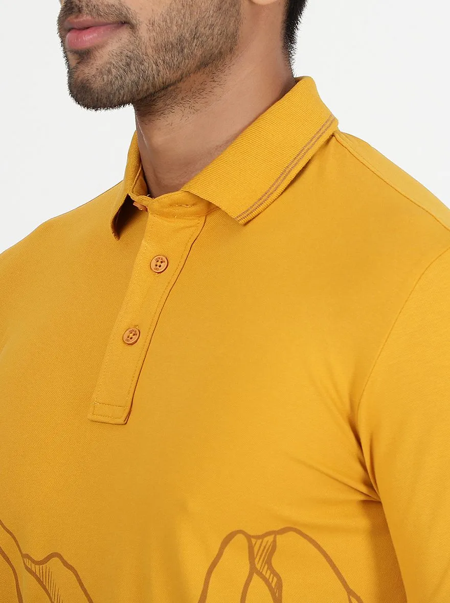 Mustard Yellow Printed Slim Fit Polo T-Shirt | JadeBlue