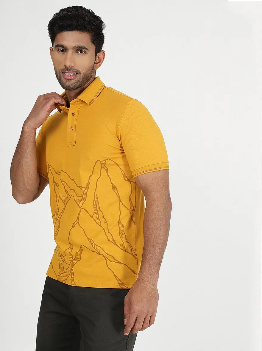 Mustard Yellow Printed Slim Fit Polo T-Shirt | JadeBlue