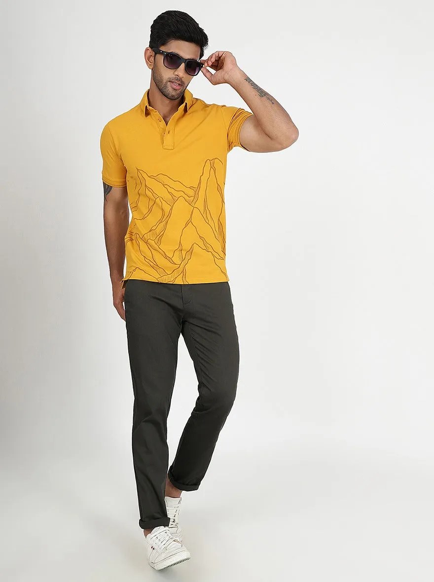 Mustard Yellow Printed Slim Fit Polo T-Shirt | JadeBlue