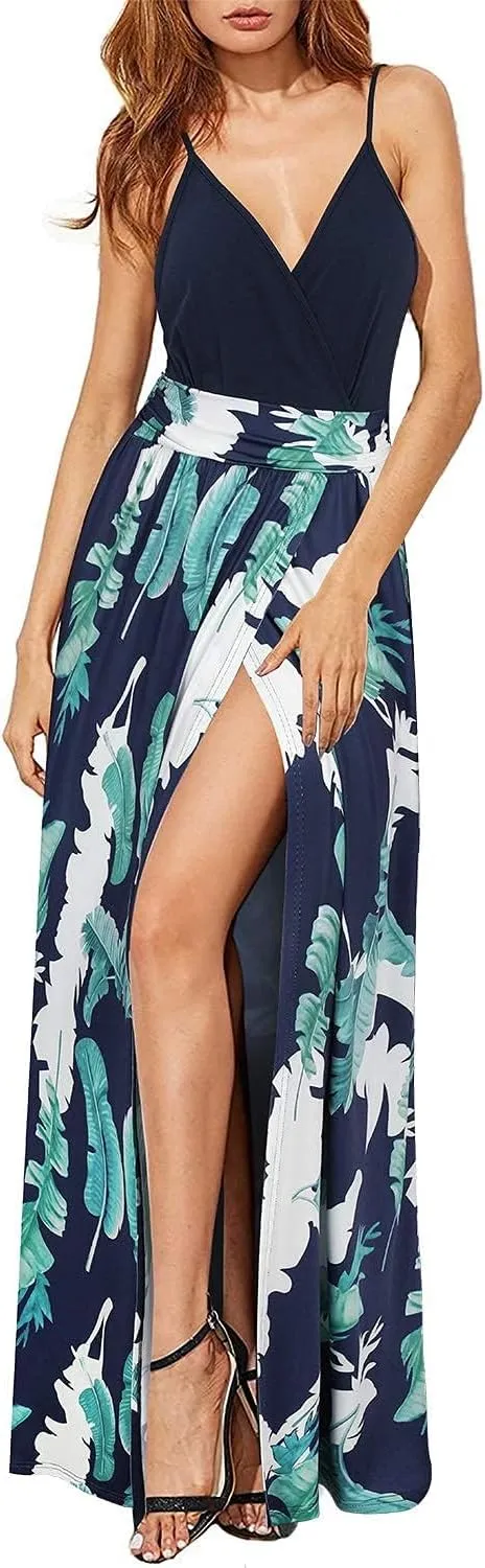 Newshows Women Summer 2025 Maxi Dress Vacation Floral Spaghetti Strap Spring Casual Boho Split Beach Long Flowy Sundress