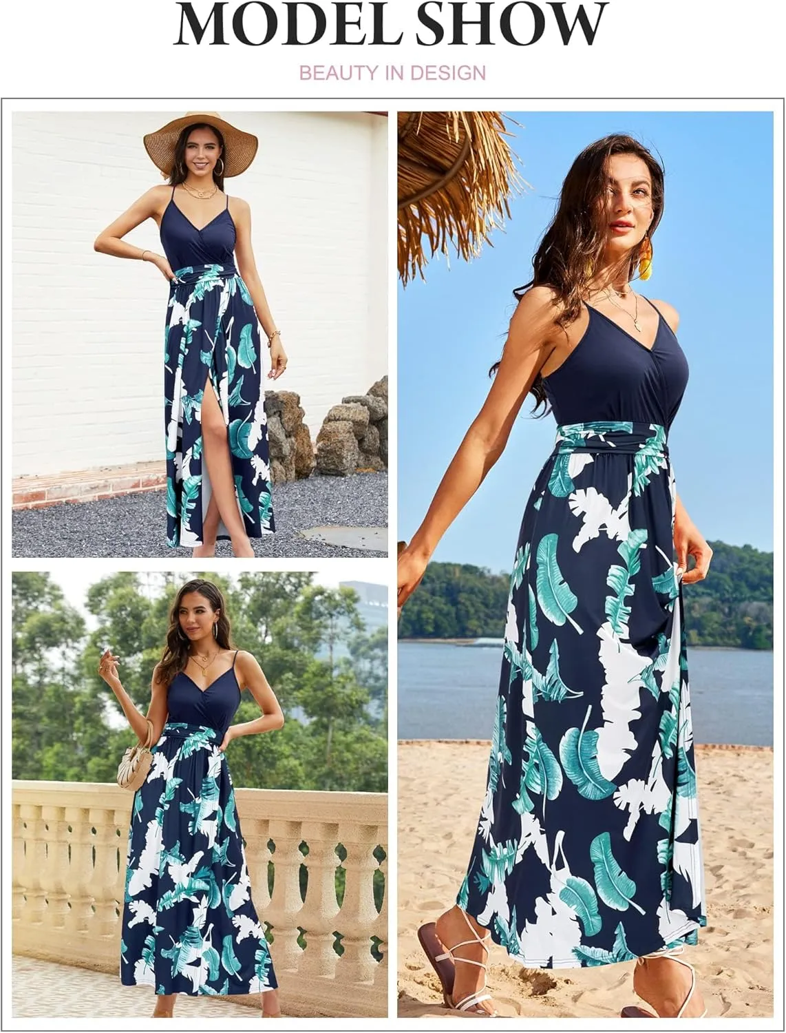 Newshows Women Summer 2025 Maxi Dress Vacation Floral Spaghetti Strap Spring Casual Boho Split Beach Long Flowy Sundress