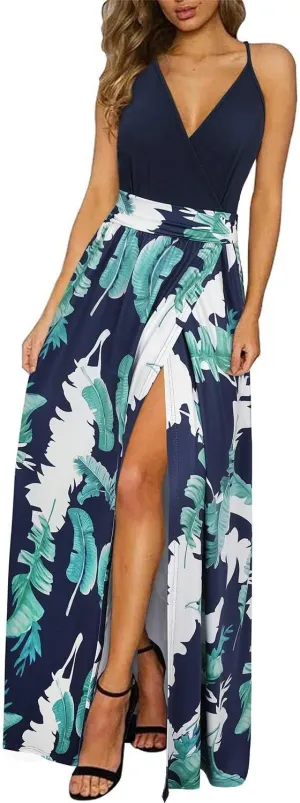Newshows Women Summer 2025 Maxi Dress Vacation Floral Spaghetti Strap Spring Casual Boho Split Beach Long Flowy Sundress